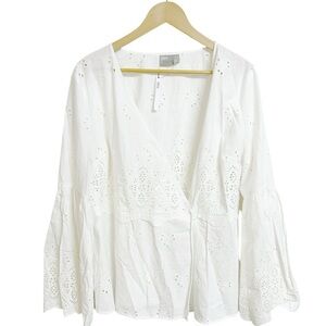 ASOS White Embroidered Eyelet Peplum Wrap Top Bell Sleeve Boho Blouse Sz 14 NWT